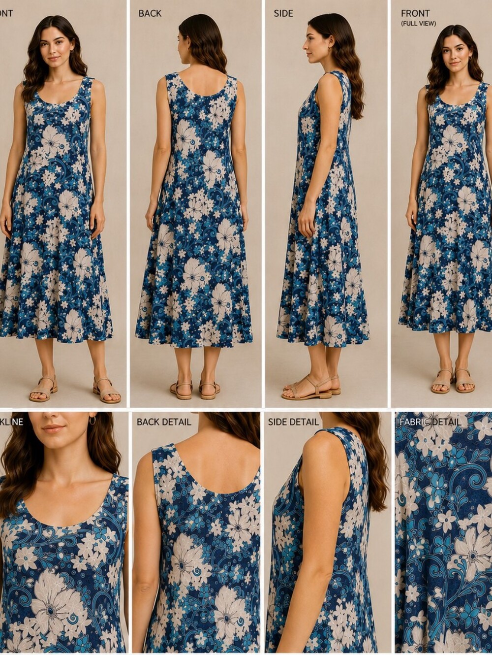 🥬Perceptions New York Women's Blue And White Floral Sleeveless Midi Dress – XL